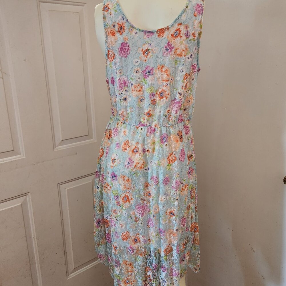 No Boundaries Midi Tunic Dress Lined Blue Lace Floral Print Slip-On Sz L (11-13) - Picture 3 of 12